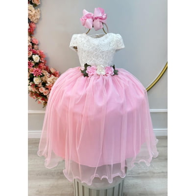 Vestido Infantil Off White Saia Rosa C/ Renda e Broche