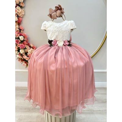 Vestido Infantil Off White Saia Rose C/ Renda e Broche