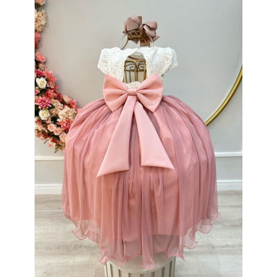 Vestido Infantil Off White Saia Rose C/ Renda e Broche
