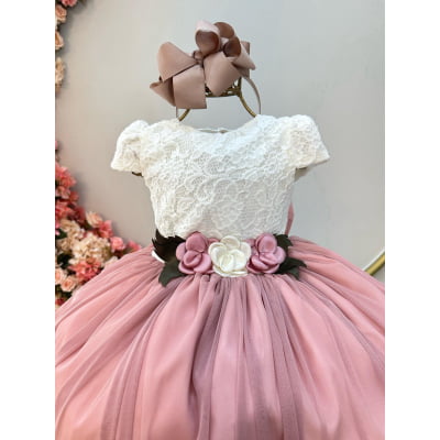Vestido Infantil Off White Saia Rose C/ Renda e Broche