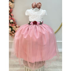 Vestido Infantil Off White Saia Rose C/ Renda e Broche Flor