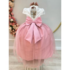 Vestido Infantil Off White Saia Rose C/ Renda e Broche Flor