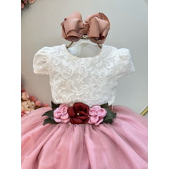 Vestido Infantil Off White Saia Rose C/ Renda e Broche Flor