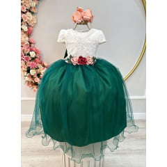 Vestido Infantil Off White Saia Verde Esmeralda Renda Broche