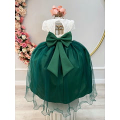 Vestido Infantil Off White Saia Verde Esmeralda Renda Broche