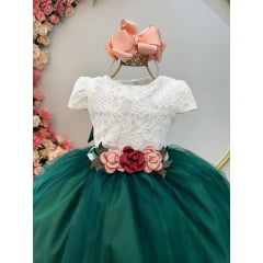 Vestido Infantil Off White Saia Verde Esmeralda Renda Broche