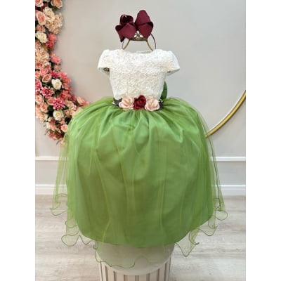 Vestido Infantil Off White Saia Verde Oliva C/ Renda e Broche