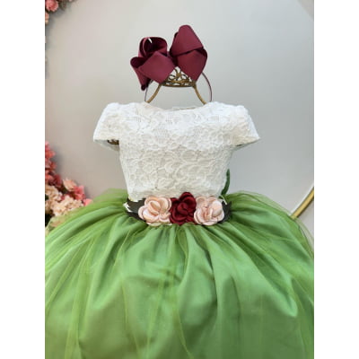 Vestido Infantil Off White Saia Verde Oliva C/ Renda e Broche