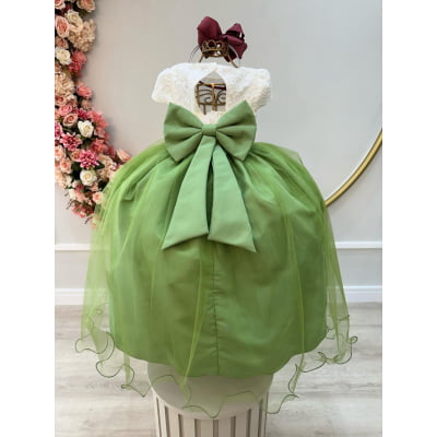 Vestido Infantil Off White Saia Verde Oliva C/ Renda e Broche