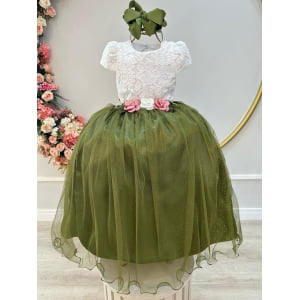 Vestido Infantil Off White Saia Verde Oliva Daminha Longo