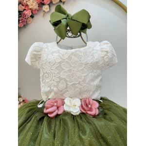Vestido Infantil Off White Saia Verde Oliva Daminha Longo