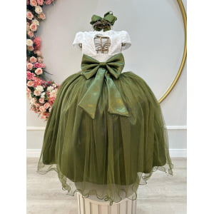 Vestido Infantil Off White Saia Verde Oliva Daminha Longo