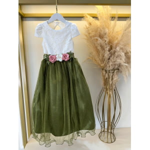 Vestido Infantil Off White Saia Verde Oliva Daminha Longo