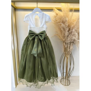 Vestido Infantil Off White Saia Verde Oliva Daminha Longo