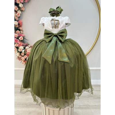 Vestido Infantil Off White Saia Verde Oliva Daminha Longo