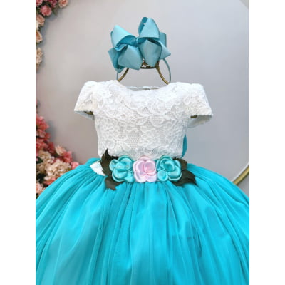 Vestido Infantil Off White Saia Verde Renda e Broche