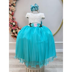 Vestido Infantil Off White Saia Verde Renda e Broche