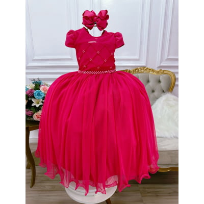 Vestido Infantil Pink Com Busto Nervura e Pérolas Damas