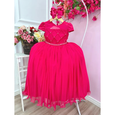 Vestido Infantil Pink Com Busto Nervura e Pérolas Damas