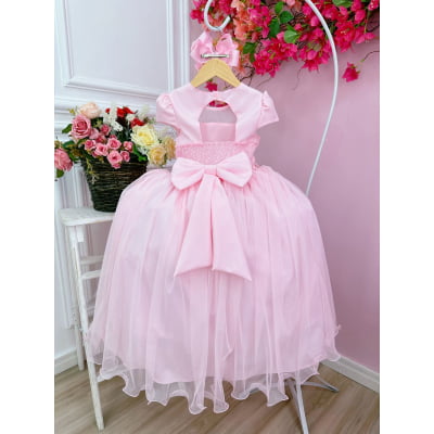 Vestido Infantil Rosa Bebê C/ Busto Nervura e Pérolas Damas