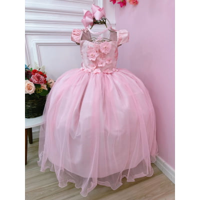 Vestido Infantil Rosa C/ Aplique Flores e Renda Damas Luxo