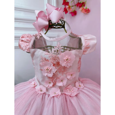 Vestido Infantil Rosa C/ Aplique Flores e Renda Damas Luxo