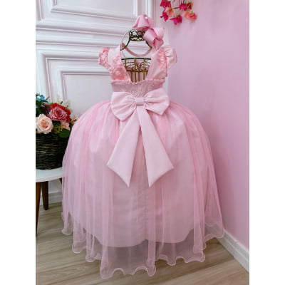 Vestido Infantil Rosa C/ Aplique Flores e Renda Damas Luxo