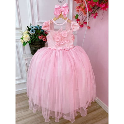 Vestido Infantil Rosa C/ Aplique Flores e Renda Damas Luxo