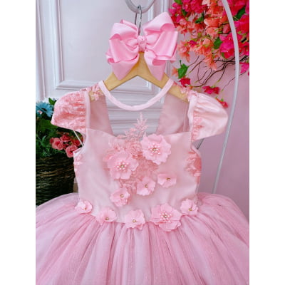 Vestido Infantil Rosa C/ Aplique Flores e Renda Damas Luxo