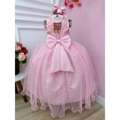 Vestido Infantil Rosa C/ Renda e Aplique Flores Luxo Damas