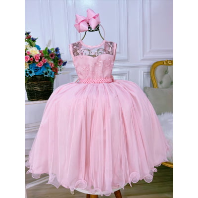 Vestido Infantil Rosa C/ Renda e Cinto de Pérolas Damas Luxo