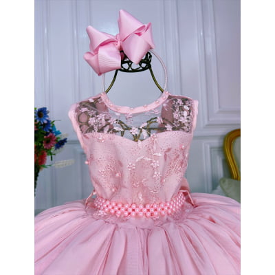 Vestido Infantil Rosa C/ Renda e Cinto de Pérolas Damas Luxo