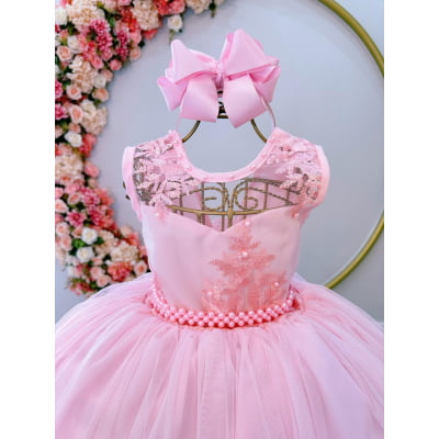 Vestido Infantil Rosa Damas C/ Renda e Cinto de Pérolas Luxo