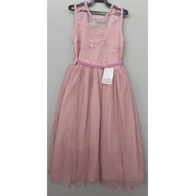 Vestido Infantil Rosa Damas C/ Renda e Cinto de Pérolas Luxo