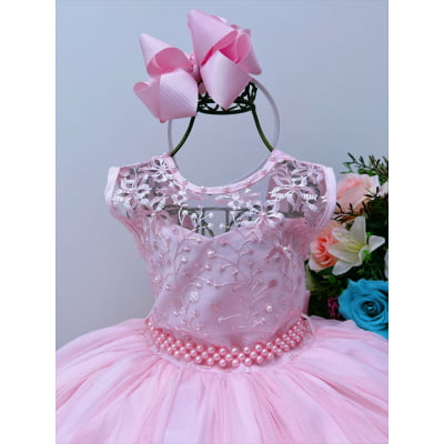 Vestido Infantil Rosa Renda de Luxo Cinto de Pérolas Damas