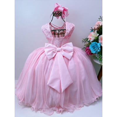 Vestido Infantil Rosa Renda de Luxo Cinto de Pérolas Damas