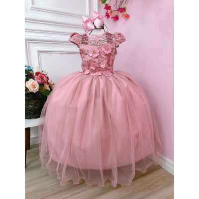 Vestido Infantil Rose C/ Aplique Flores e Renda Damas Luxo