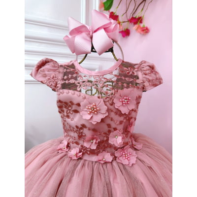 Vestido Infantil Rose C/ Aplique Flores e Renda Damas Luxo