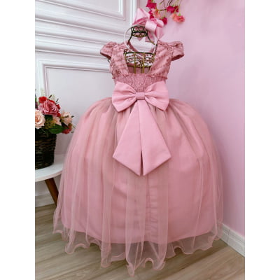 Vestido Infantil Rose C/ Aplique Flores e Renda Damas Luxo