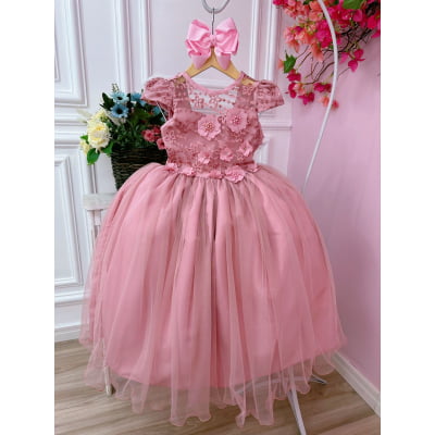 Vestido Infantil Rose C/ Aplique Flores e Renda Damas Luxo