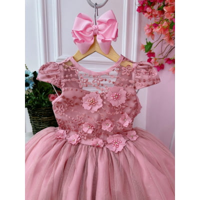Vestido Infantil Rose C/ Aplique Flores e Renda Damas Luxo