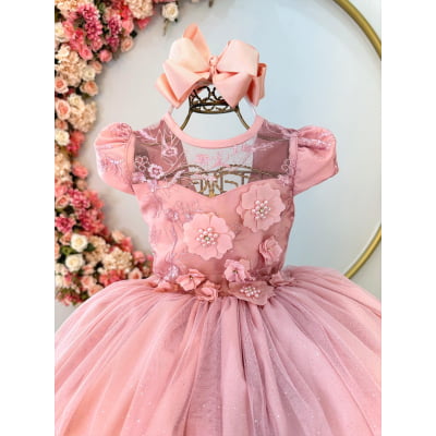 Vestido Infantil Rose C/ Aplique Flores e Renda Luxo Damas