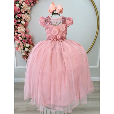 Vestido Infantil Rose C/ Aplique Flores e Renda Luxo Damas