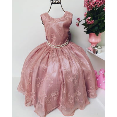 Vestido Infantil Rosê Renda de Luxo Cinto de Pérolas