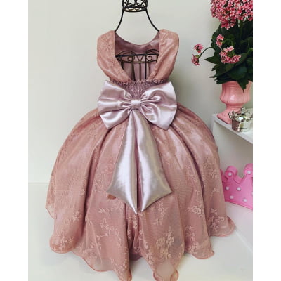 Vestido Infantil Rosê Renda de Luxo Cinto de Pérolas
