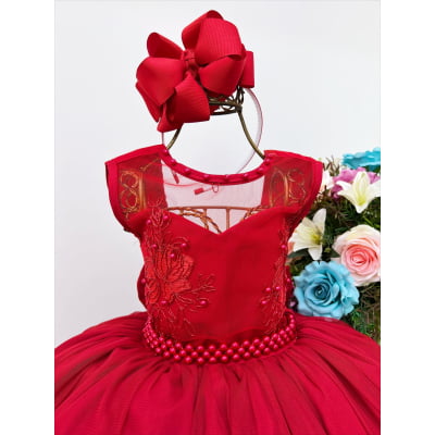 Vestido Infantil Vermelho C/ Renda Luxo e Pérolas Damas