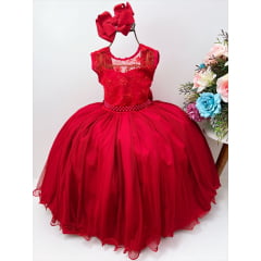 Vestido Infantil Vermelho Com Renda e Pérolas Damas Luxo