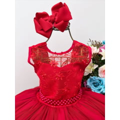 Vestido Infantil Vermelho Com Renda e Pérolas Damas Luxo