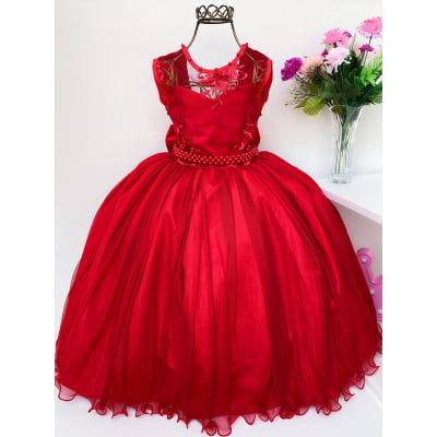 Vestido Infantil Vermelho Renda Luxo e Pérolas Damas