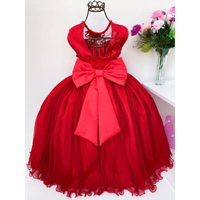 Vestido Infantil Vermelho Renda Luxo e Pérolas Damas